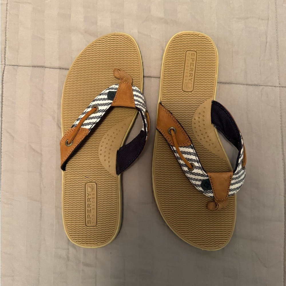 Sperry Tan and Blue Flip Flops